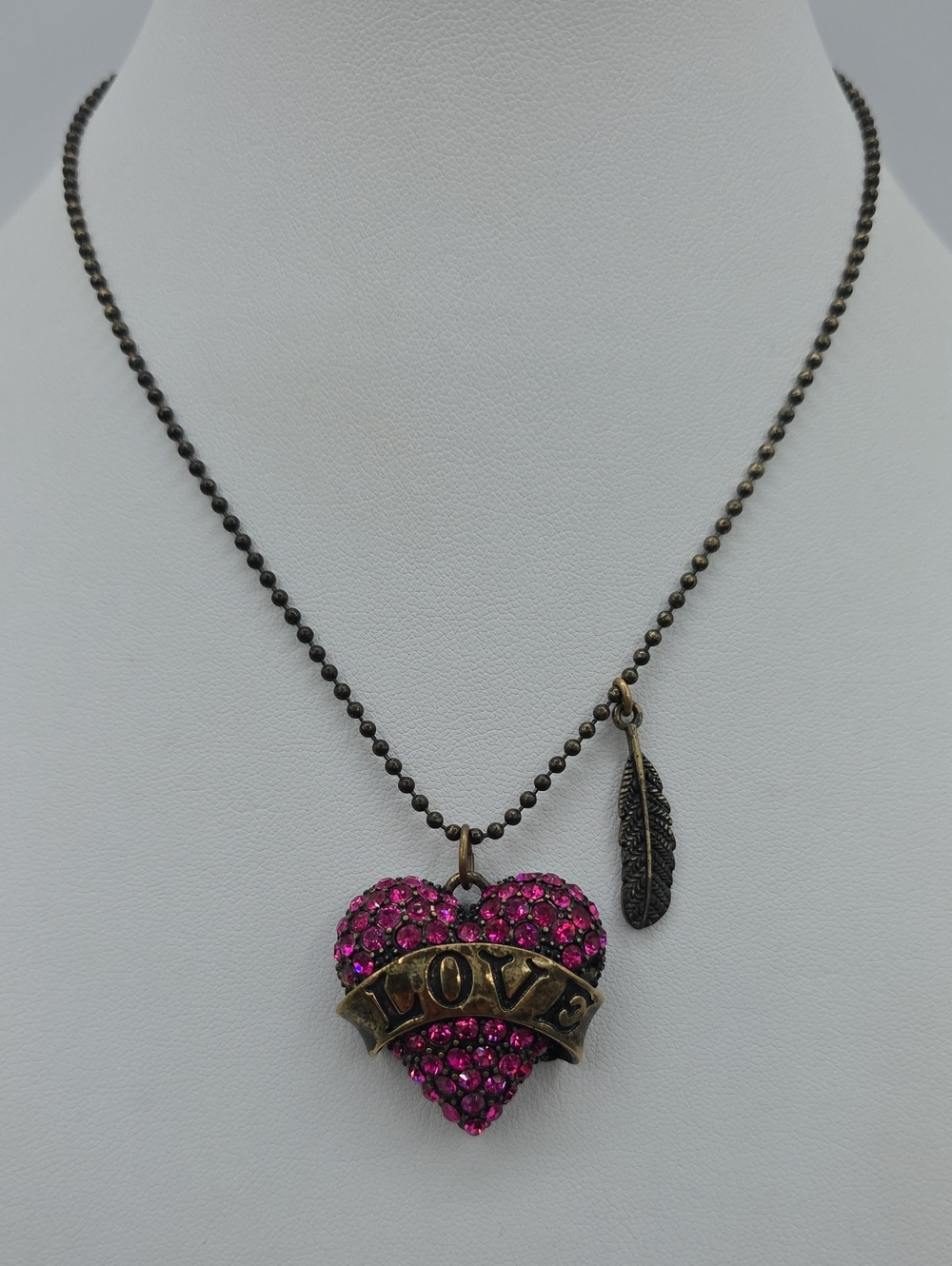 Betsey Johnson Hot Pink Crystal Heart Pendant Necklace with LOVE Banner